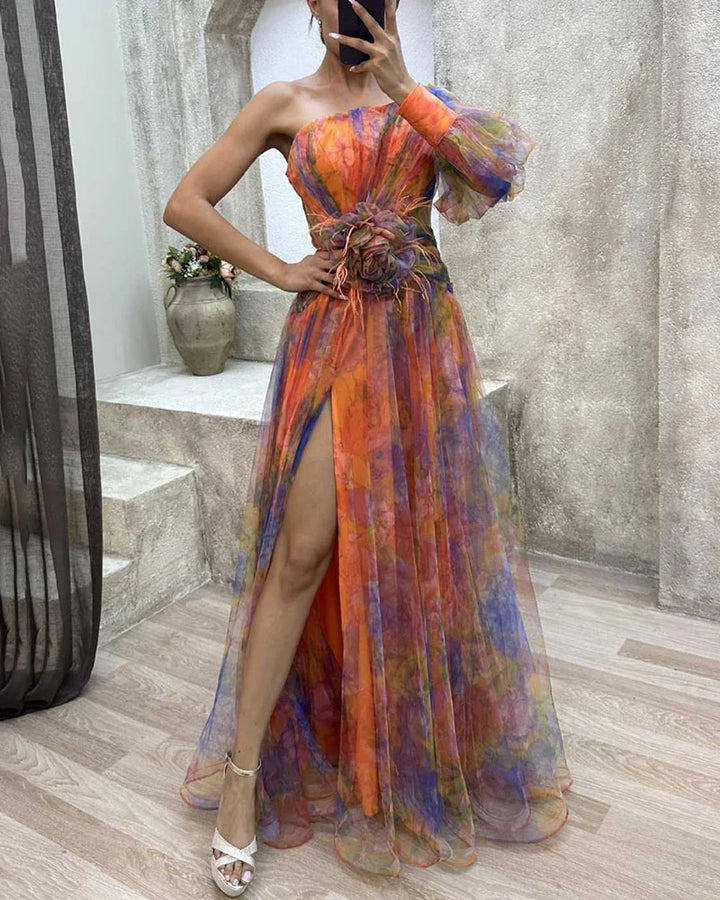 Women's chic floral maxi evening gown; a one-shoulder design with a high slit for elegant events.