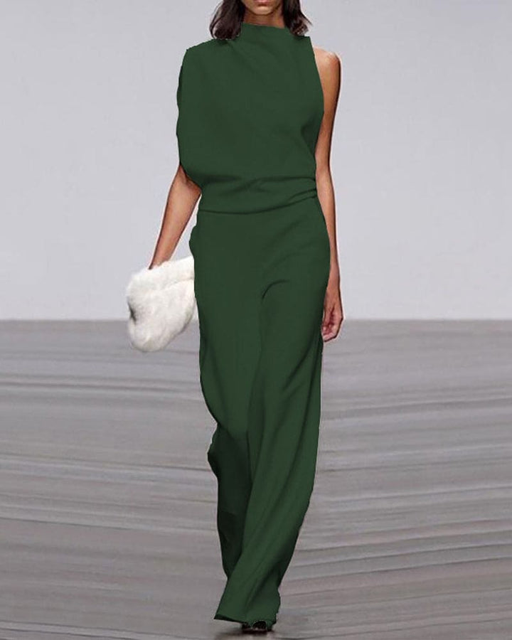 Chic one-shoulder high-neck wide-leg jumpsuit for women, a modern statement piece for parties.