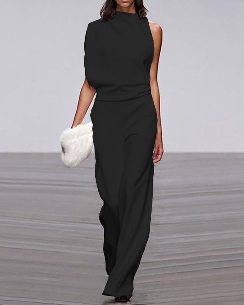 Women's formal one-shoulder high-neck wide-leg jumpsuit with an elegant draped design.