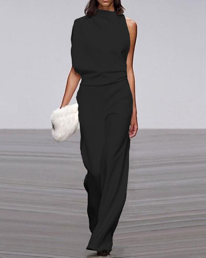 Women's formal one-shoulder high-neck wide-leg jumpsuit with an elegant draped design.