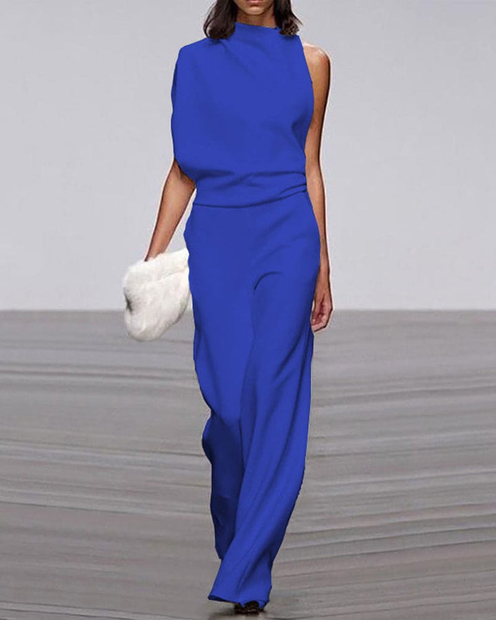 Sleek women's one-shoulder high-neck wide-leg jumpsuit. Sophisticated evening & party outfit.