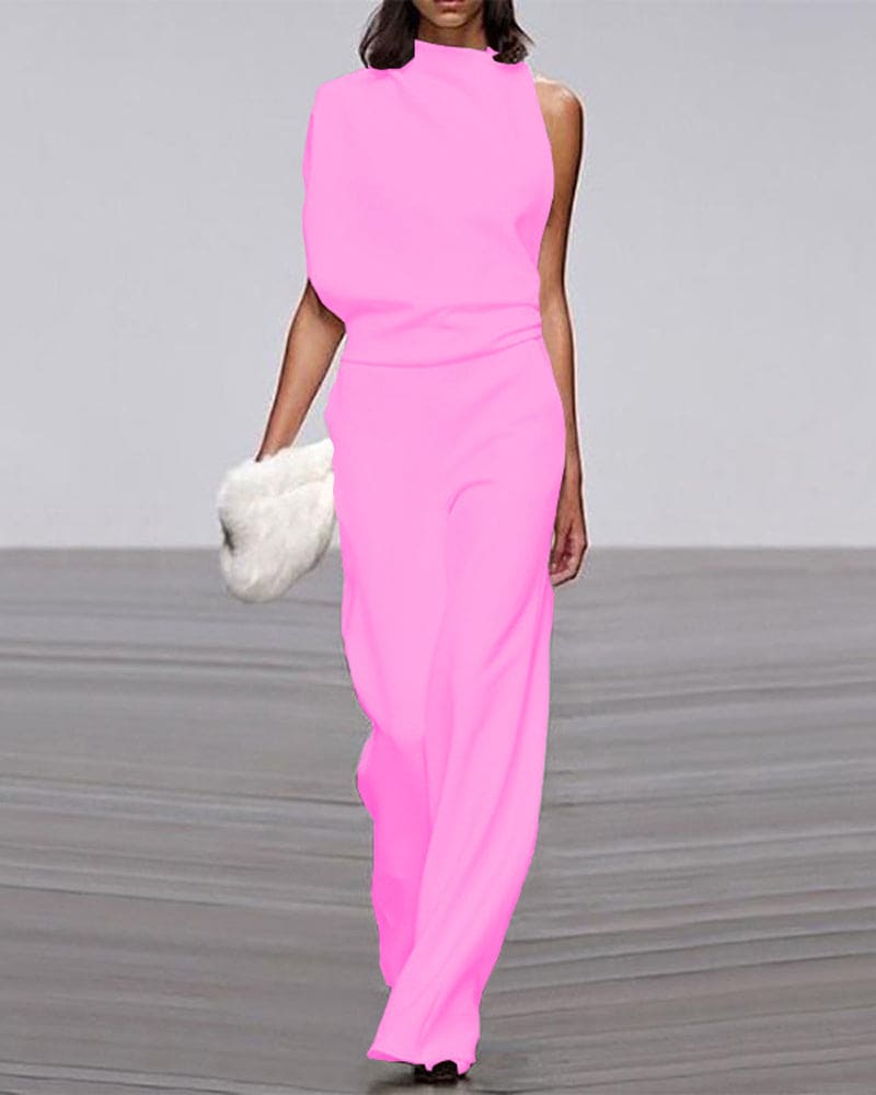Draped one-shoulder high-neck wide-leg evening jumpsuit for women. Luxurious formal wear.
