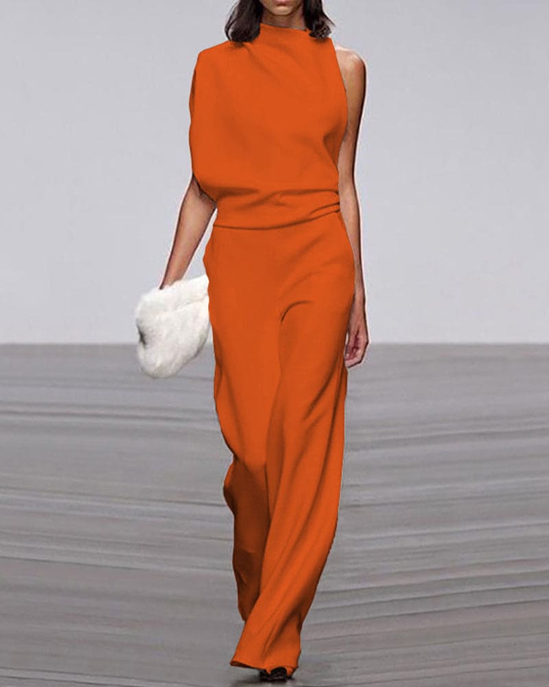 Statement one-shoulder high-neck wide-leg evening jumpsuit. Women's modern formal fashion.