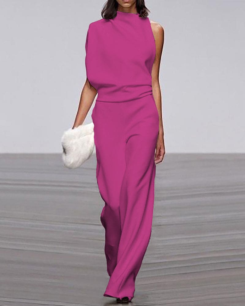 Women's sleeveless one-shoulder high-neck wide-leg formal jumpsuit. Perfect party attire.