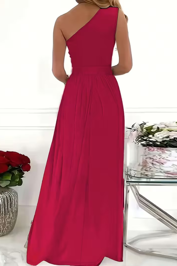 Women's elegant one shoulder maxi dress with an asymmetrical neckline for parties.