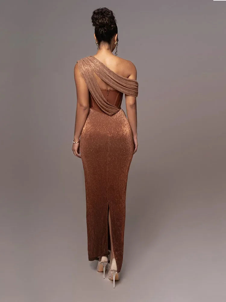 Stunning women's one-shoulder statement maxi dress, an elegant evening gown for parties & special occasions. Formal fit.