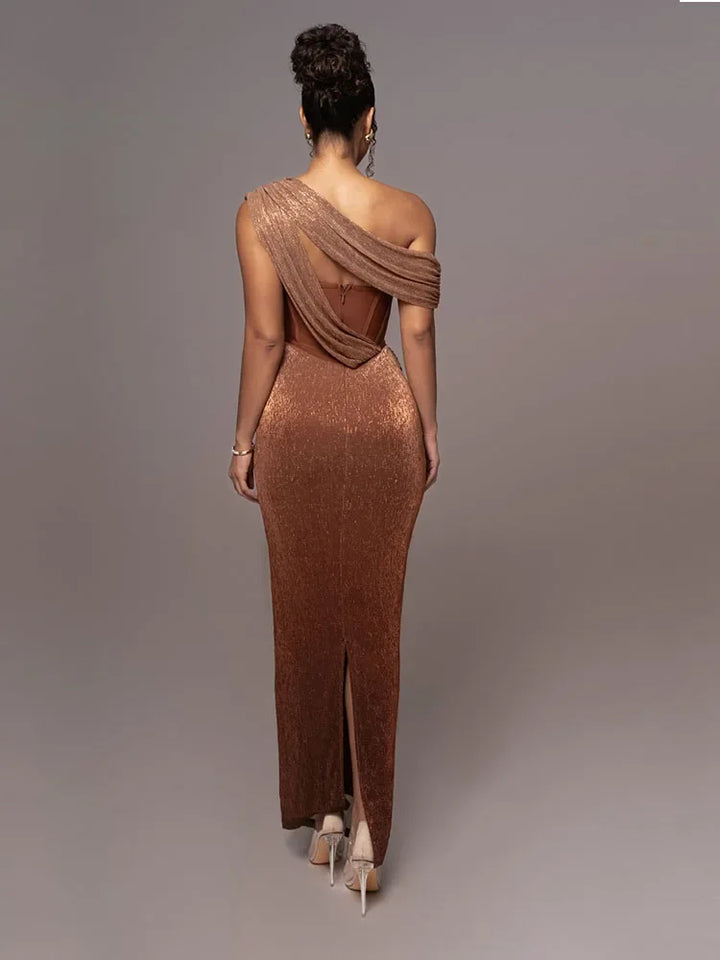 Stunning women's one-shoulder statement maxi dress, an elegant evening gown for parties & special occasions. Formal fit.