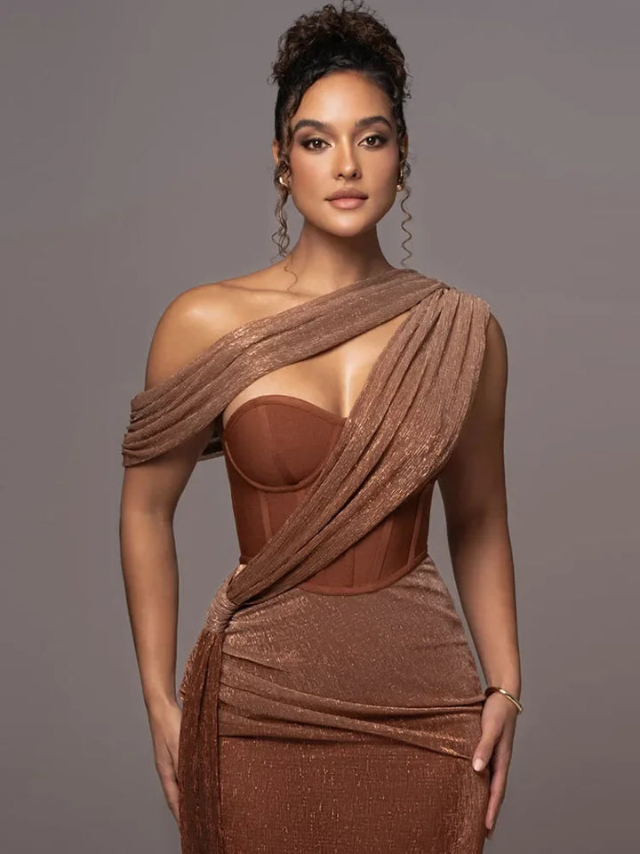 Formal one-shoulder maxi dress for women, featuring a sculpted fit. Ideal for evening gowns & elegant party wear.