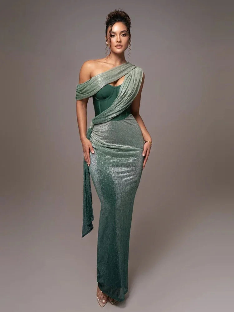 Chic women's one-shoulder evening gown, a sophisticated maxi dress perfect for formal events & elegant parties.