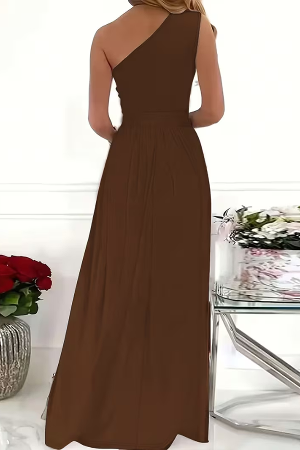 Elegant women's long one shoulder dress, a beautiful formal gown for evening events.
