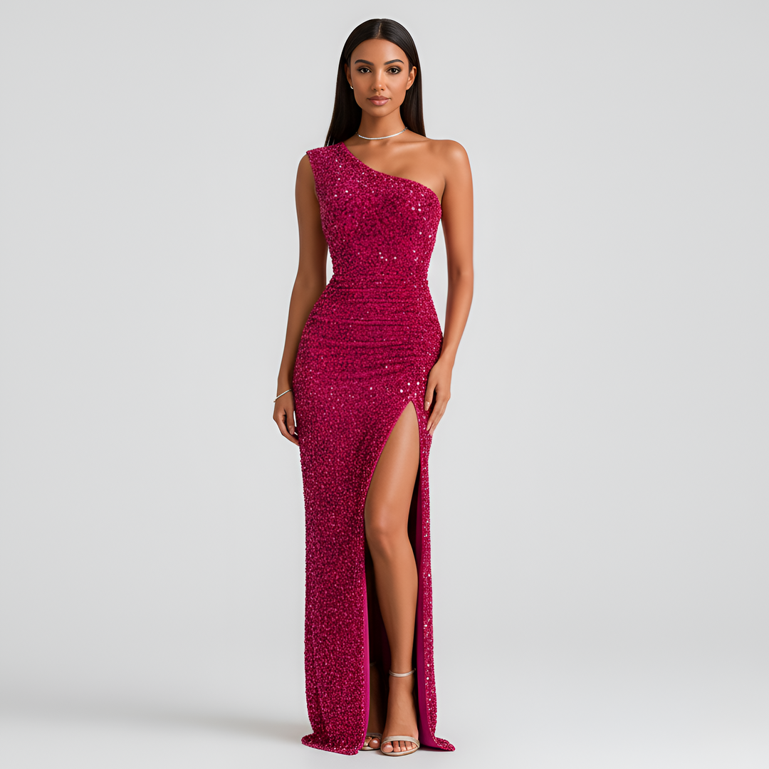Women's special occasion one shoulder maxi dress, an elegant formal gown with a high side slit.