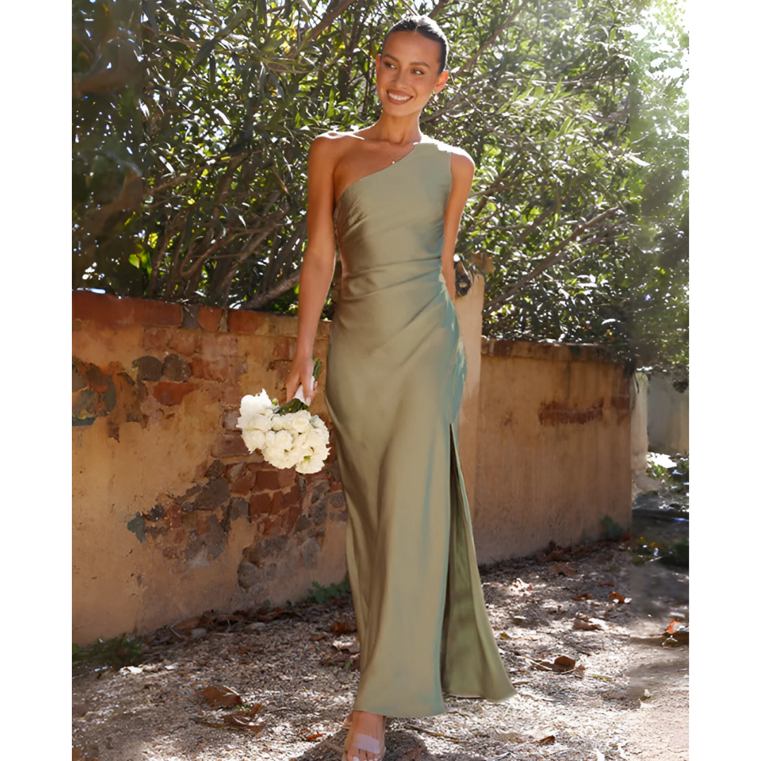 Elegant women's one-shoulder maxi dress with side slit, perfect for formal events & parties.