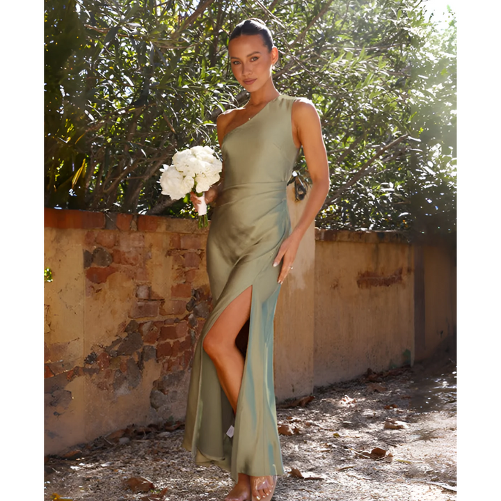 Formal one-shoulder maxi dress with a flattering side slit, suitable for evening wear & elegant parties.