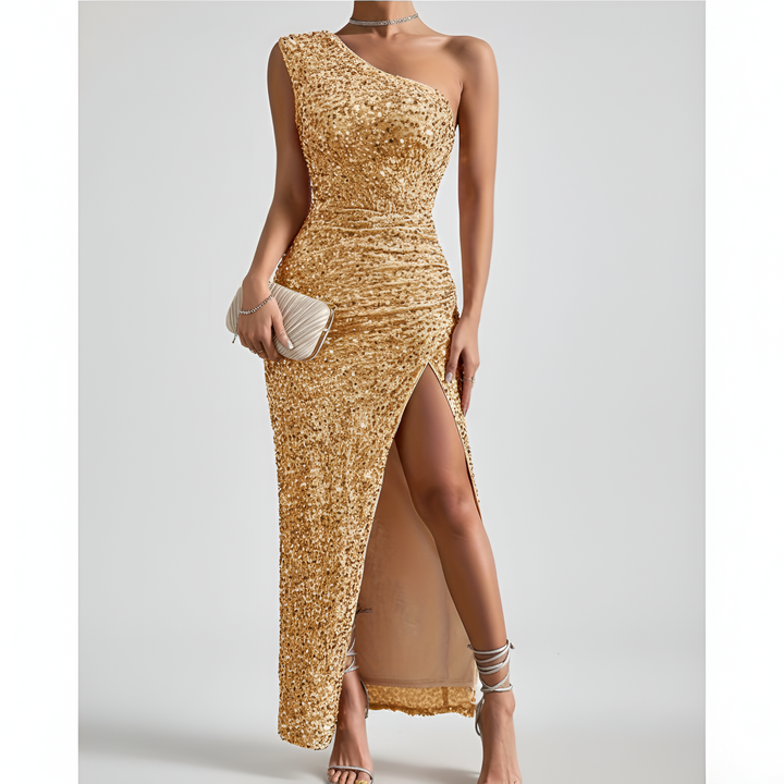 Classy women's evening dress, one shoulder maxi style with an elegant side slit.