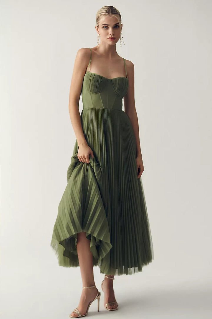Elegant women's one shoulder midi wedding guest dress with pleated tulle. Perfect for formal or special occasions.