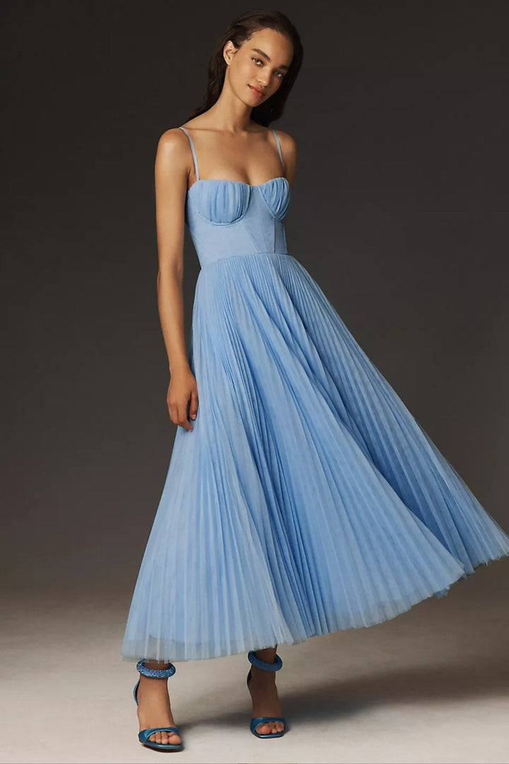 Graceful one shoulder pleated tulle midi dress for women, ideal as a wedding guest, cocktail, or party dress.