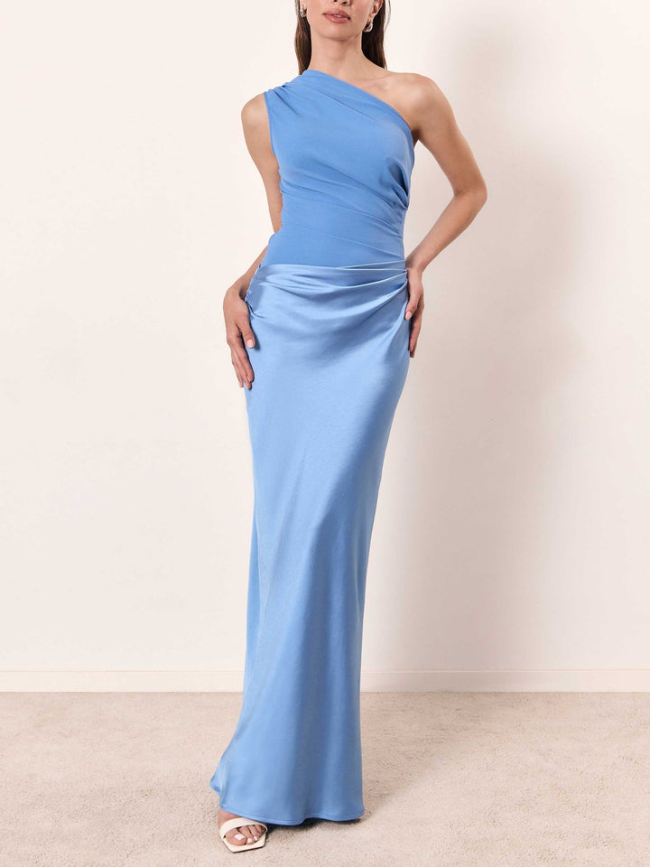 Stylish women's one-shoulder maxi dress with elegant pleats, perfect for formal events & parties.