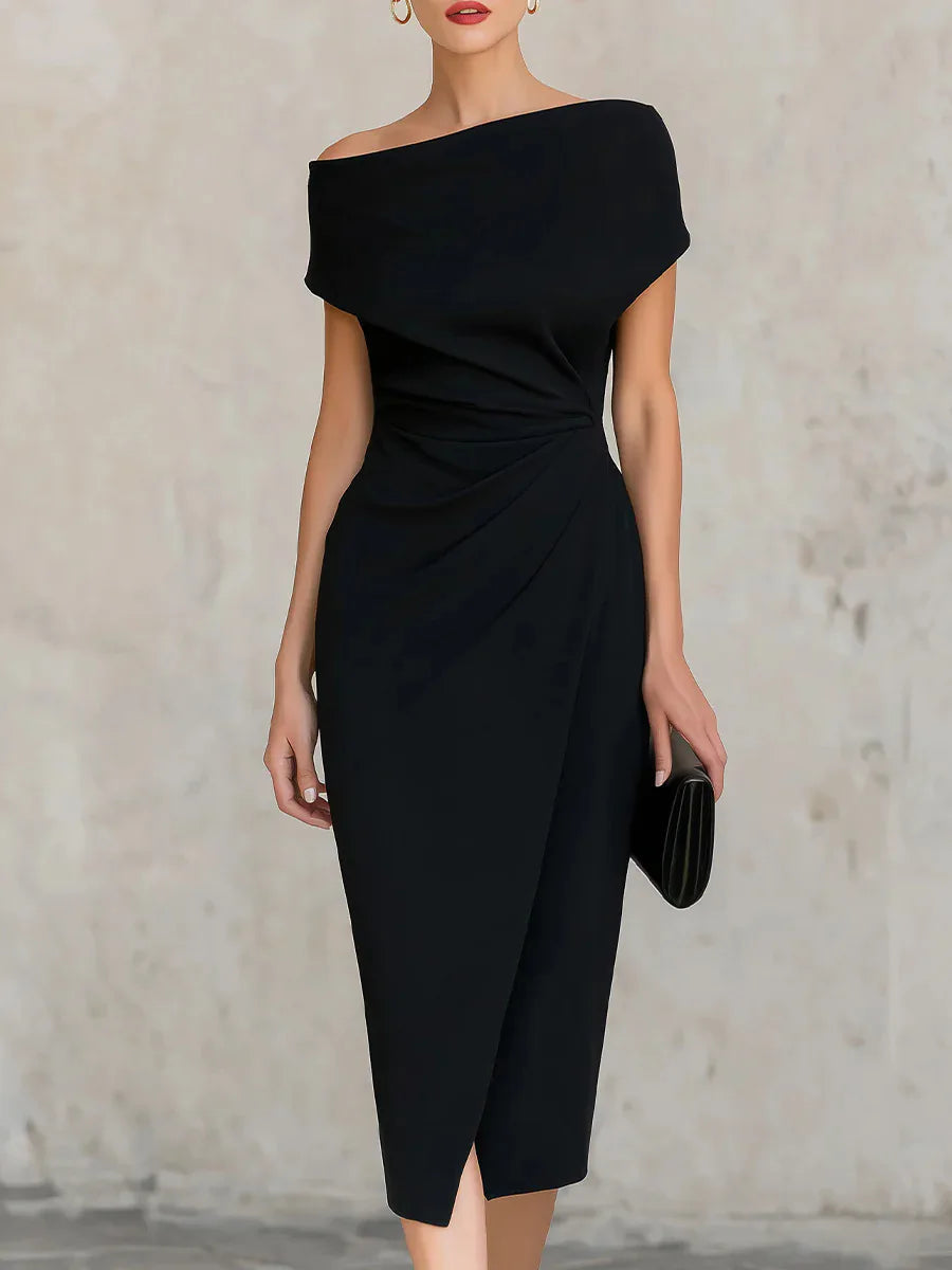 Elegant women's one-shoulder pleated midi dress with side slit, perfect for formal events & evening wear.