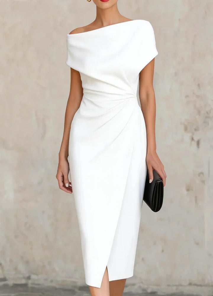 Stylish women's one-shoulder midi dress, pleated and elegant, ideal for parties, cocktails, or special occasions.