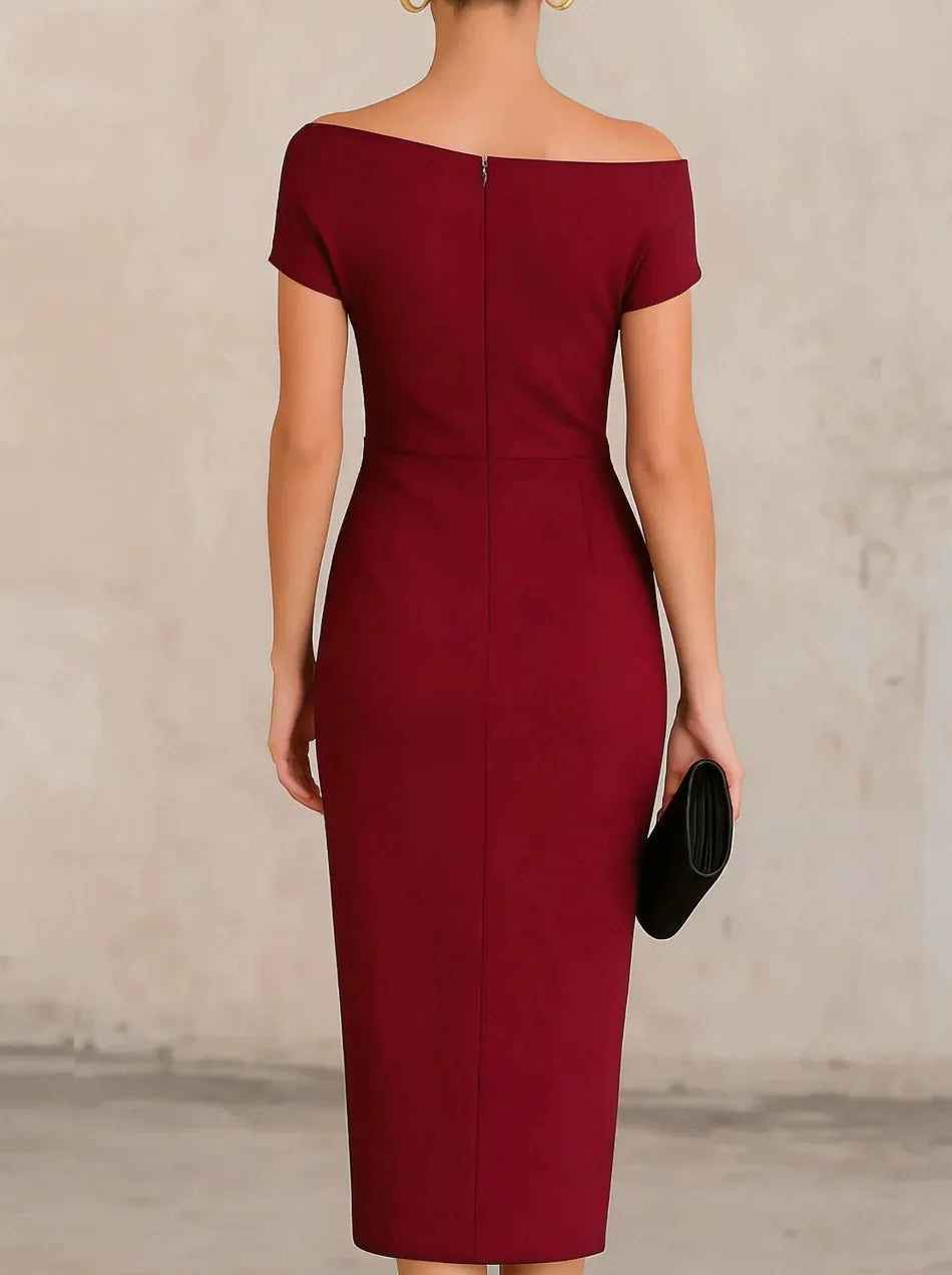 Elegant women's pleated one-shoulder midi dress, ideal for evening wear, cocktail parties, and formal occasions.