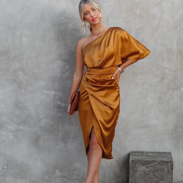 Versatile women's ruched one-shoulder midi dress, perfect as a formal party dress or chic cocktail attire.