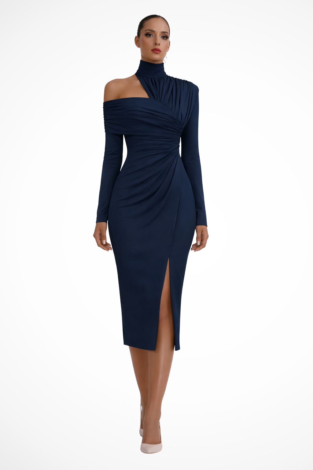 Sleek one-shoulder ruched midi dress with a sophisticated side slit, perfect for a chic look.