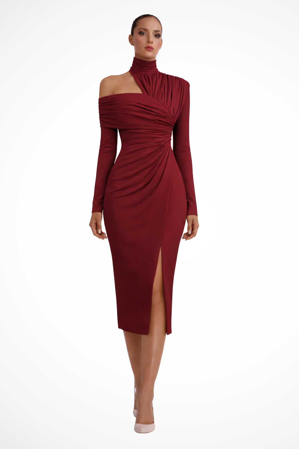 Modern one-shoulder midi dress for women, with elegant ruching and a striking side slit design.
