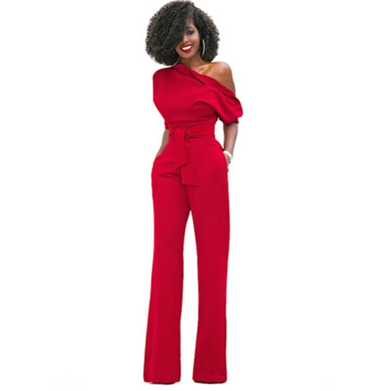 Elegant women's one-shoulder wide-leg jumpsuit. Perfect for formal events, parties & evening wear. Modern fashion statement.