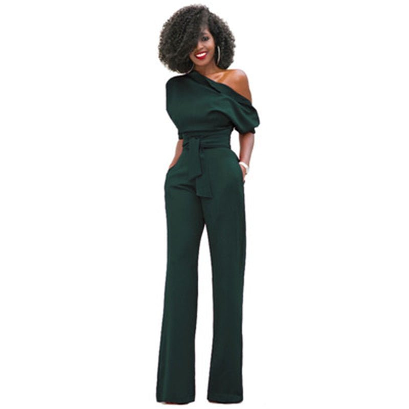 Stylish black one-shoulder wide-leg jumpsuit for women. A chic and versatile formal or casual evening wear outfit.
