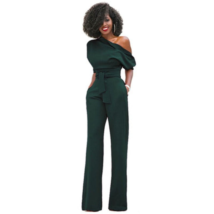 Stylish black one-shoulder wide-leg jumpsuit for women. A chic and versatile formal or casual evening wear outfit.