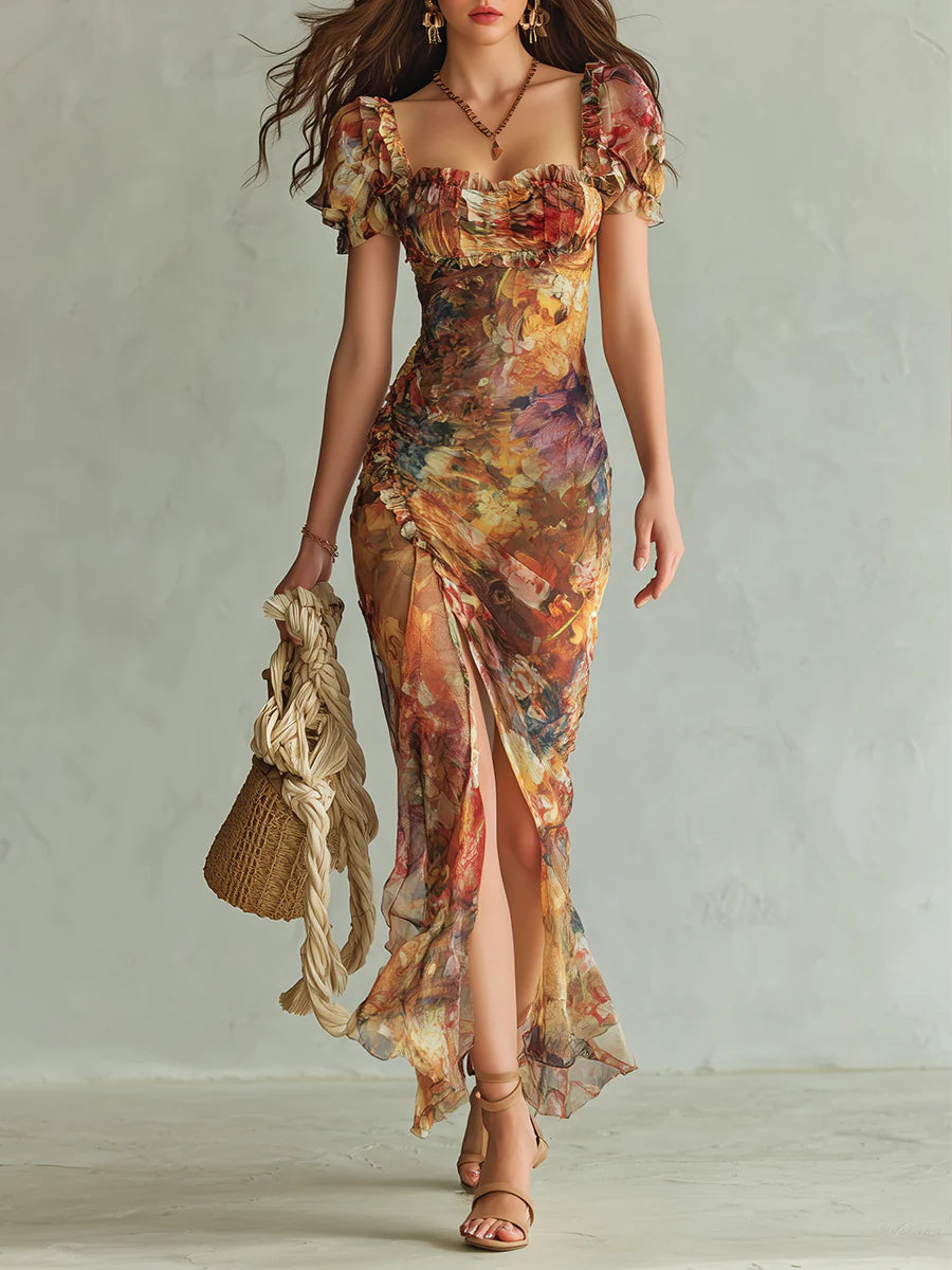 Elegant women's orange floral maxi dress with sweetheart neck, puff sleeves, perfect for summer weddings & formal events.