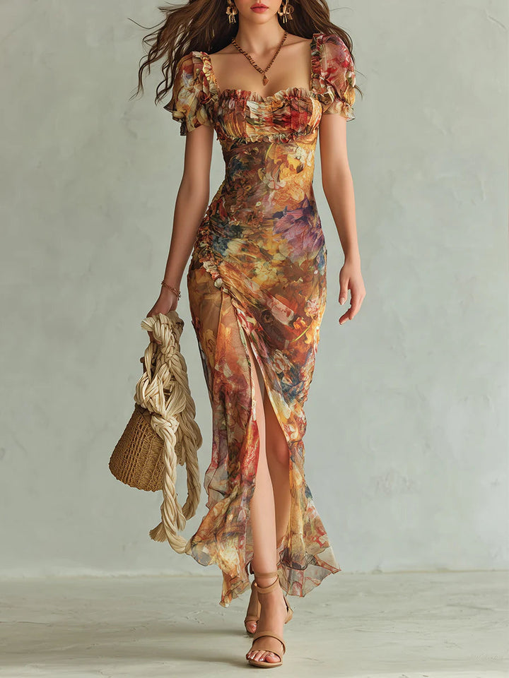 Elegant women's orange floral maxi dress with sweetheart neck, puff sleeves, perfect for summer weddings & formal events.
