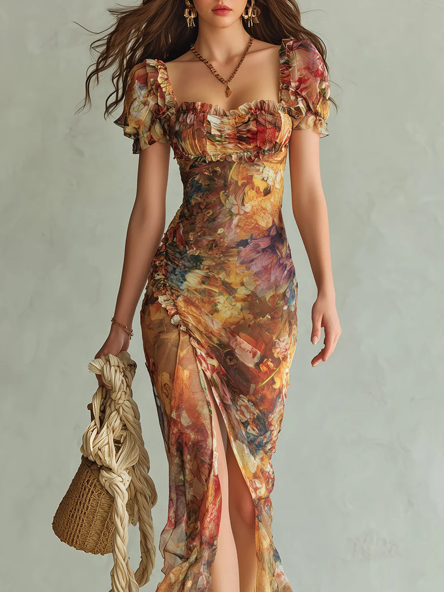 Stunning orange floral maxi dress for women, elegant with sweetheart neckline, puff sleeves & ruched detail for formal events.