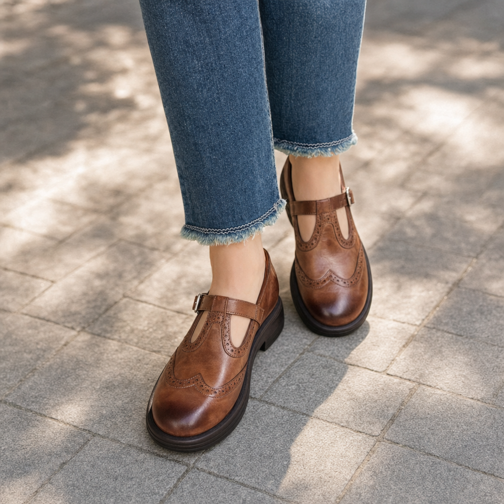Comfortable women's Mary Jane shoes, featuring orthopedic arch support and adjustable strap for foot support.