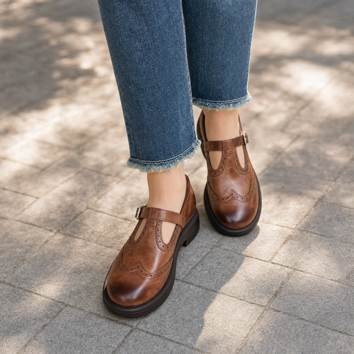 Comfortable women's Mary Jane shoes, featuring orthopedic arch support and adjustable strap for foot support.