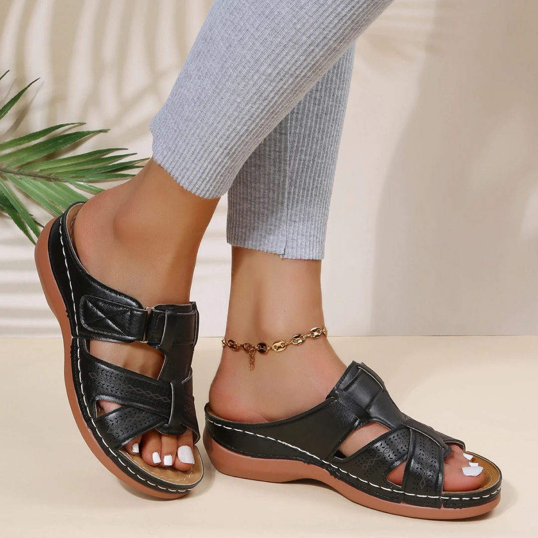 Elegant women's orthopedic sandals with arch and posture support for all-day comfort & pain relief. Perfect summer walking shoes.