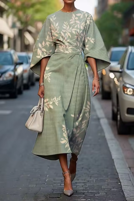 Chic painterly floral A-line midi dress for women, featuring elegant puff sleeves. Perfect for summer events.