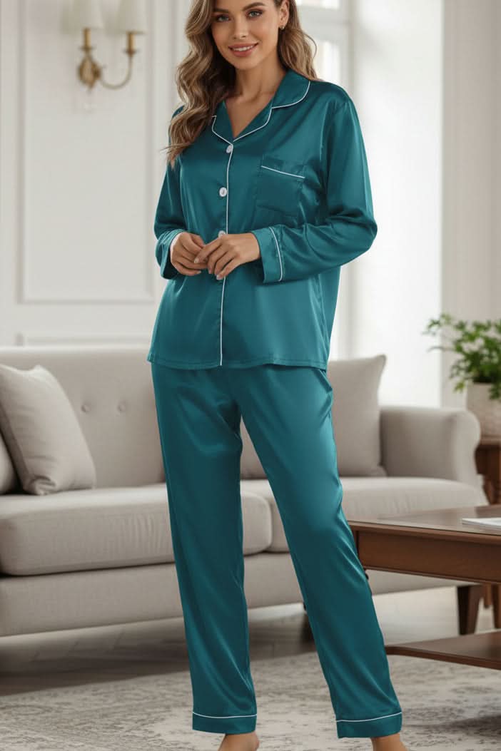 Luxurious women's silk-blend pajama set, soft and comfy nightwear for elegant sleep.