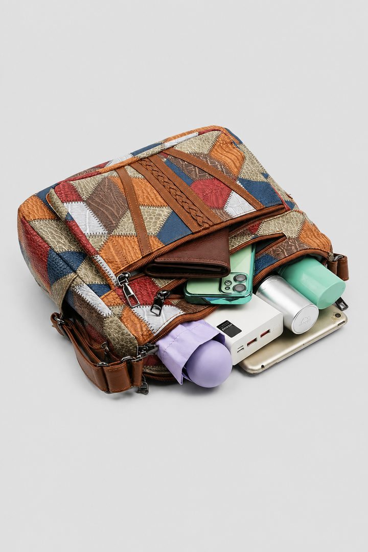 Women's unique patchwork shoulder bag, an elegant handbag with artistic design, perfect for a chic and stylish everyday look.