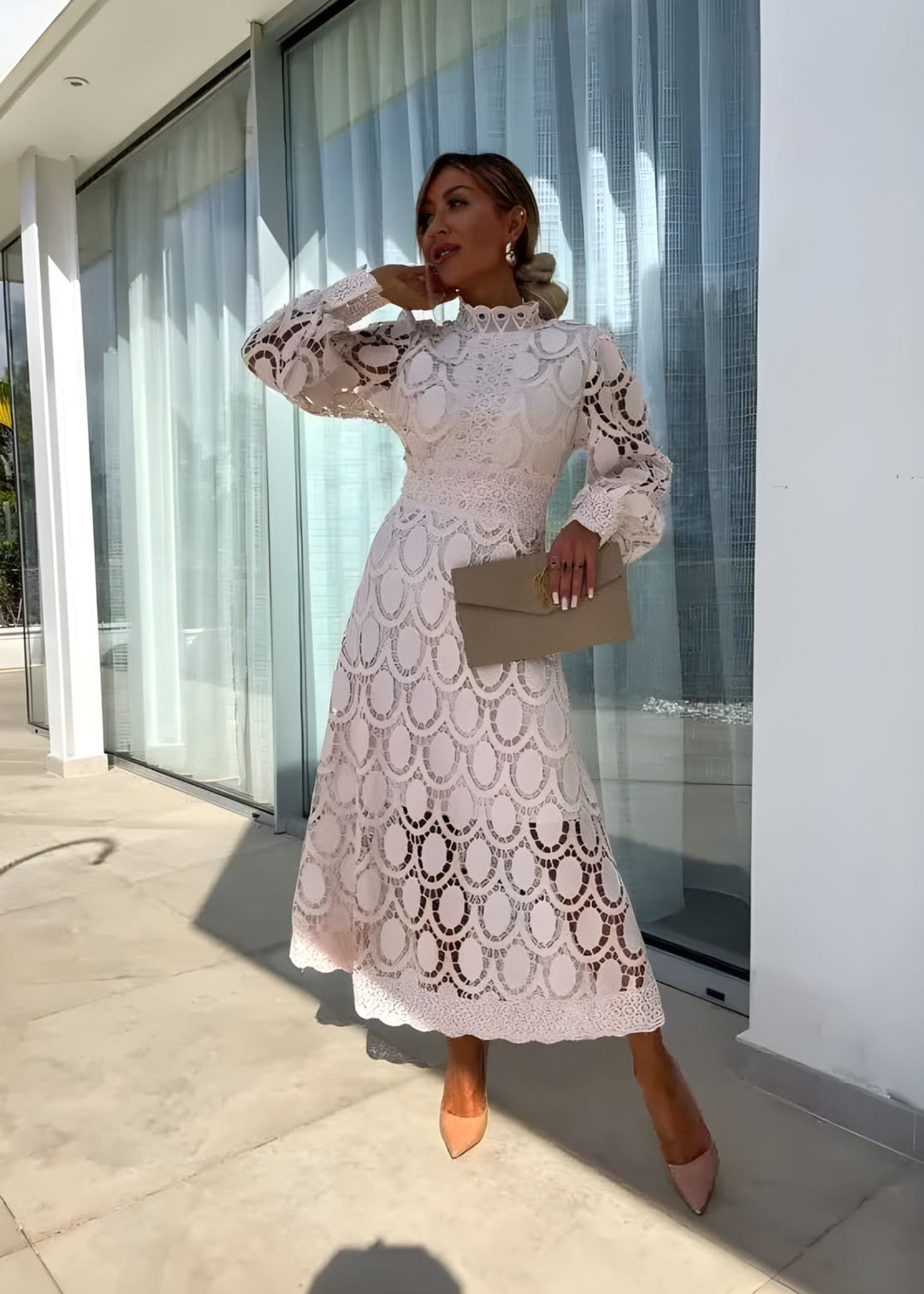 Elegant women's patterned maxi dress with delicate fabric, perfect for formal events or summer special occasions.