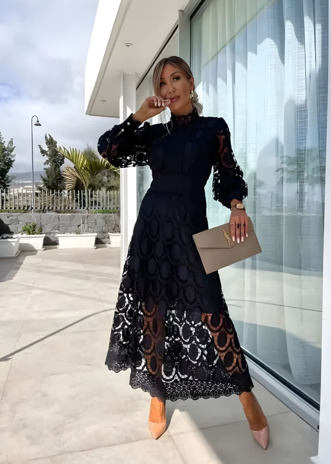 Modest & elegant women's patterned maxi dress with long puff sleeves & high neck, ideal for formal summer wear.