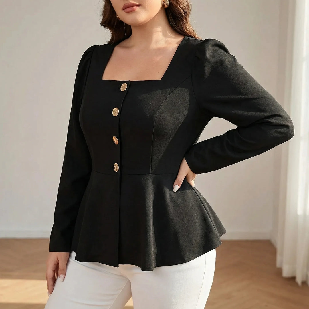 Elegant women's peplum top with a chic square neckline, perfect for sophisticated styling. Flattering fit.