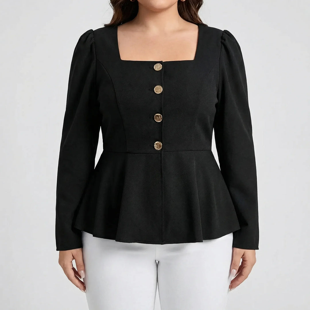 Black long-sleeve peplum top for women, featuring a square neck and stylish button front. Plus size available.