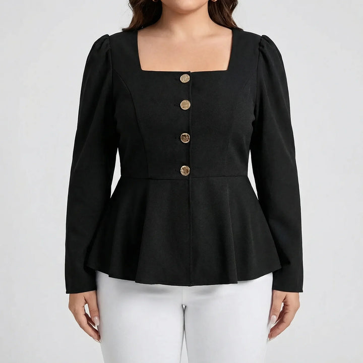 Black long-sleeve peplum top for women, featuring a square neck and stylish button front. Plus size available.