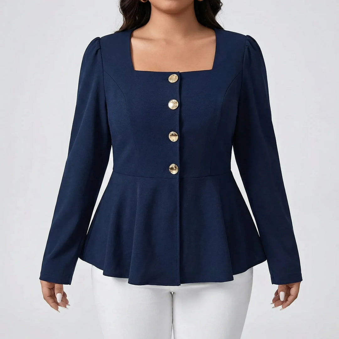 Plus size women's elegant peplum top, designed with a sophisticated square neckline and long sleeves.