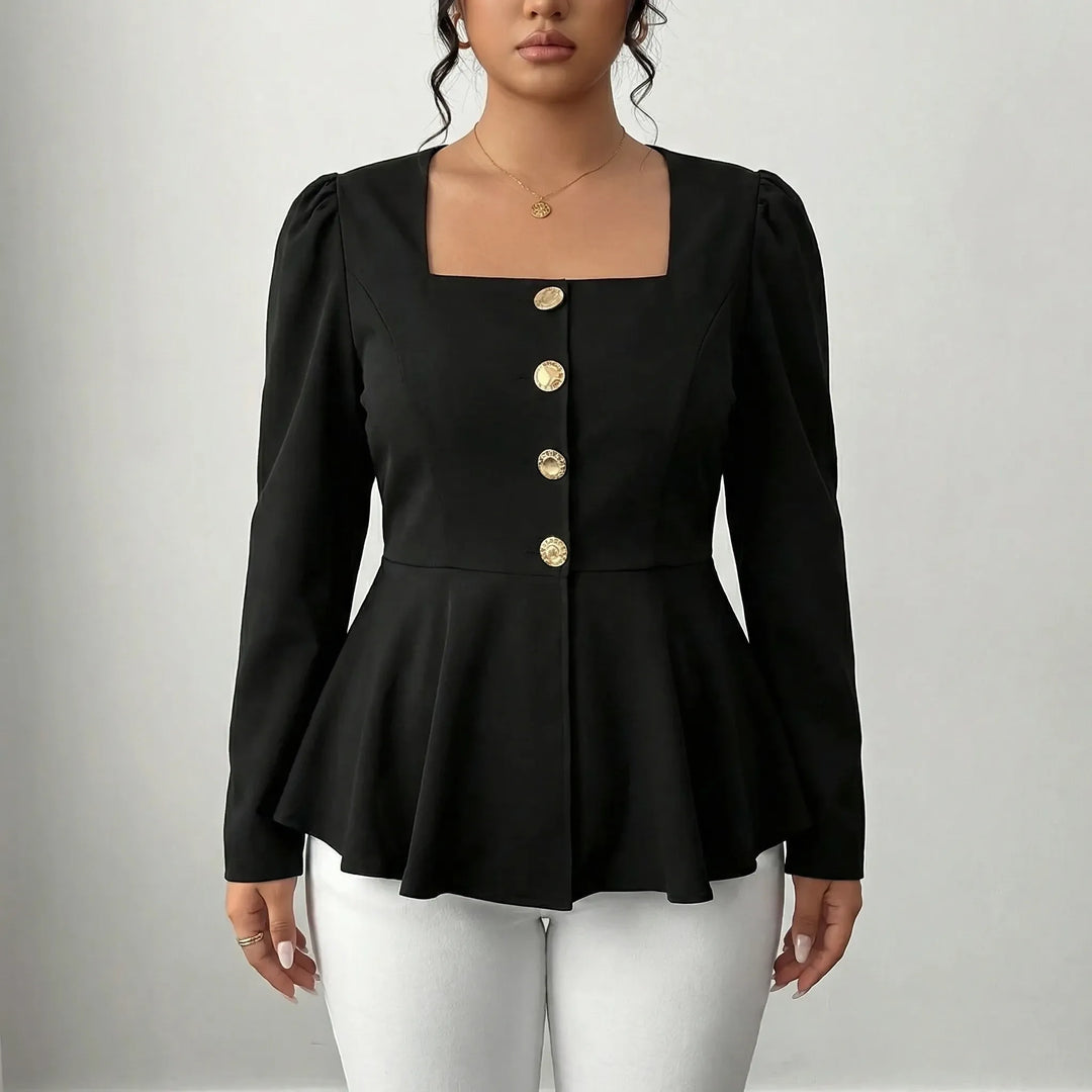 Blue elegant peplum top for women with a flattering square neck and long sleeves. Structured design.
