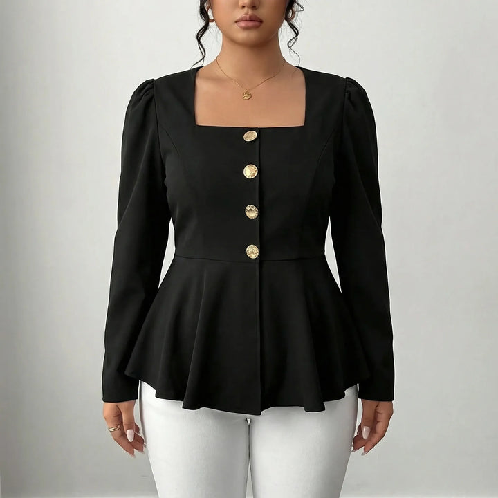 Blue elegant peplum top for women with a flattering square neck and long sleeves. Structured design.