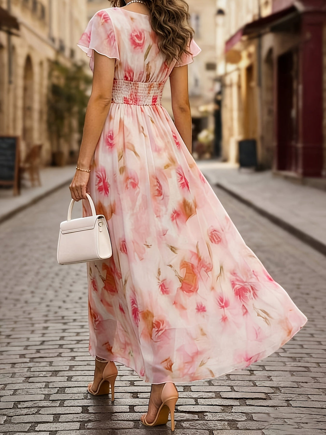 Pink floral flutter sleeve V-neck maxi dress, an elegant flowy choice for wedding guests & special events.