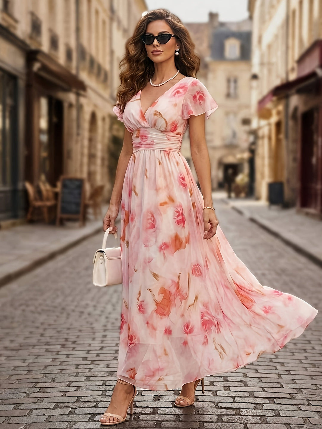 Comfortable women's flowy pink floral maxi dress with flutter sleeves & V-neck, ideal for elegant summer wear.