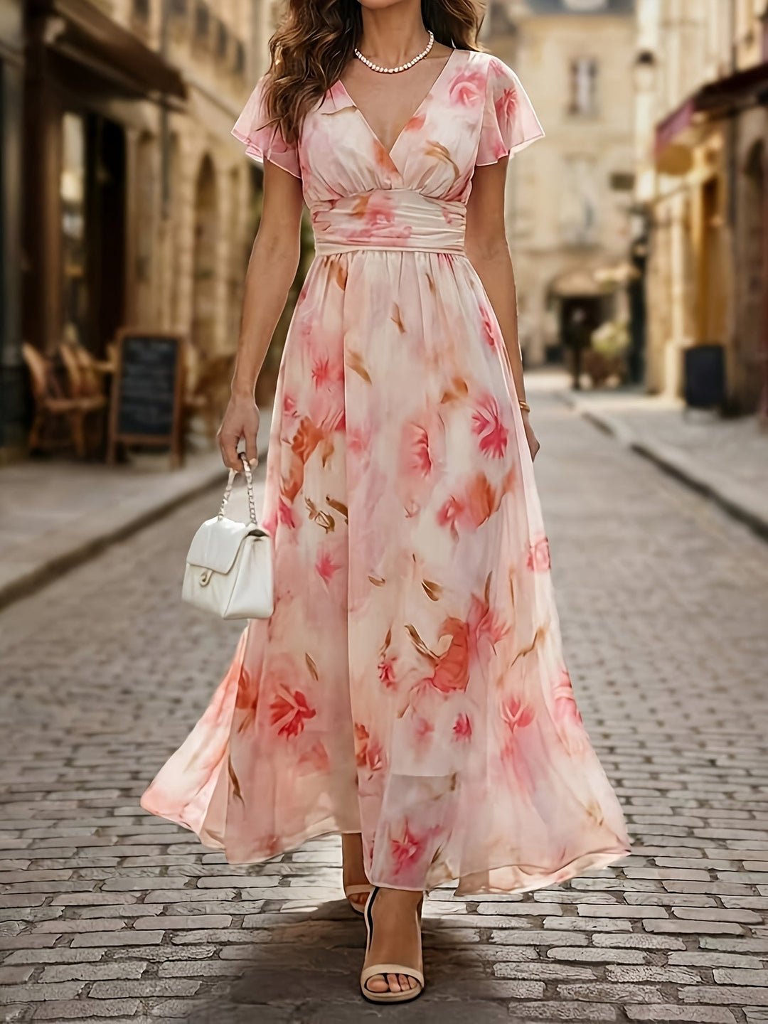Stylish women's pink floral print maxi dress featuring elegant flutter sleeves and a flattering V-neck.